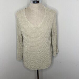 J Jill Crochet Open Knit Sweater Womens Size XL Pullover 3/4 Sleeve V Neck Tan